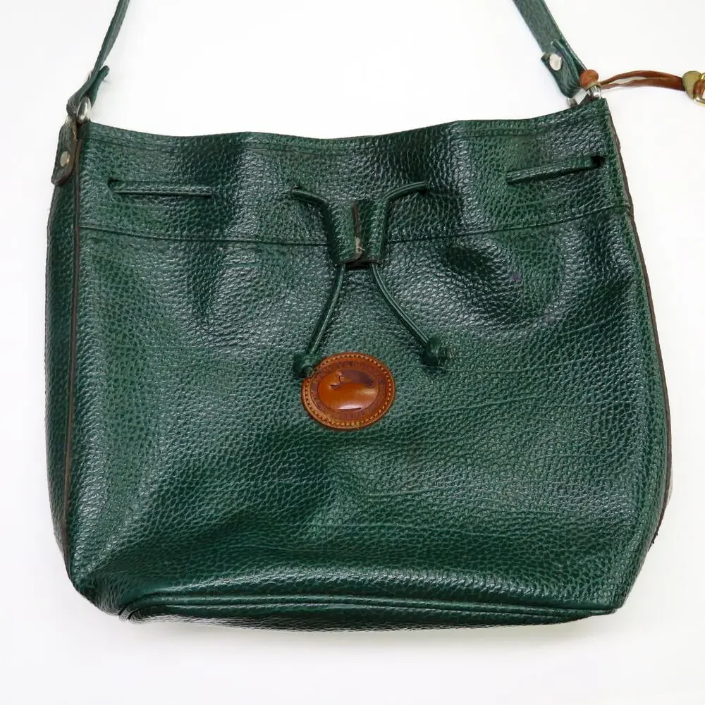1980s Vintage Dooney & Bourke Forrest Green Leather Drawstring Crossbody Bag